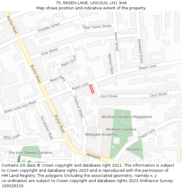 75, RASEN LANE, LINCOLN, LN1 3HA: Location map and indicative extent of plot