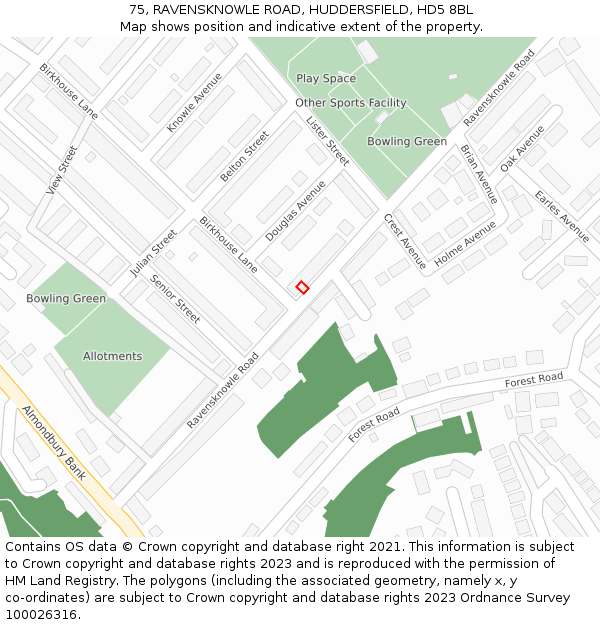 75, RAVENSKNOWLE ROAD, HUDDERSFIELD, HD5 8BL: Location map and indicative extent of plot