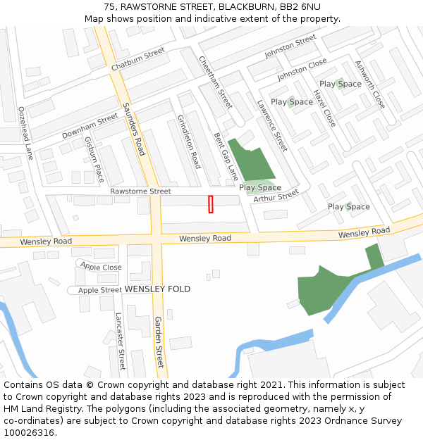 75, RAWSTORNE STREET, BLACKBURN, BB2 6NU: Location map and indicative extent of plot