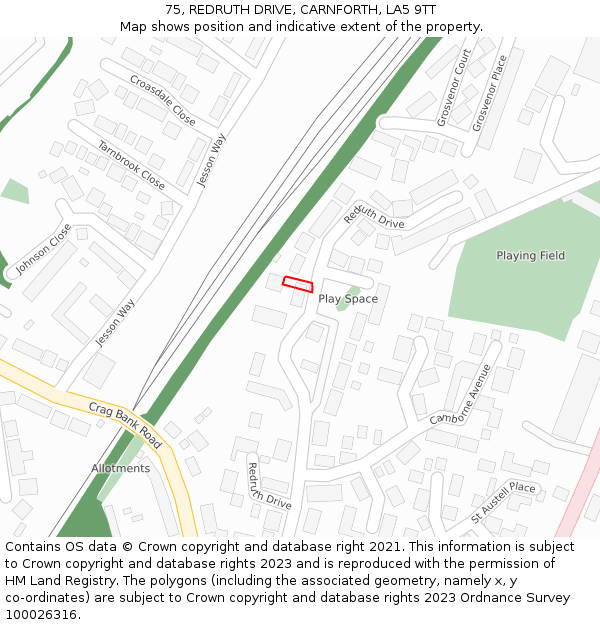 75, REDRUTH DRIVE, CARNFORTH, LA5 9TT: Location map and indicative extent of plot