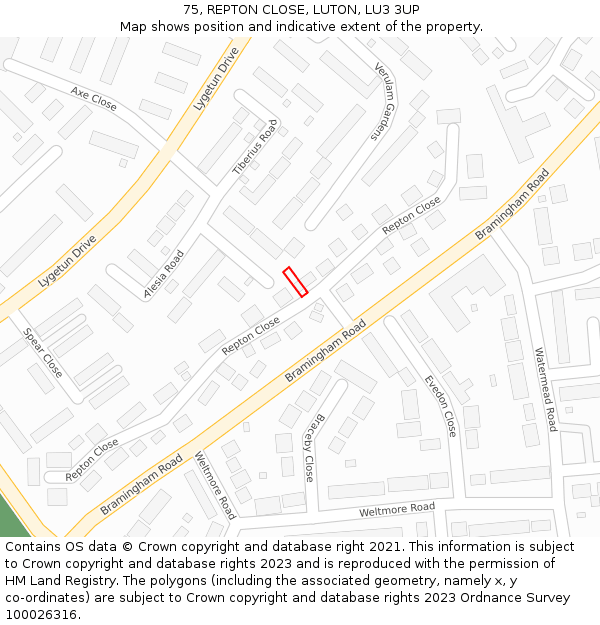 75, REPTON CLOSE, LUTON, LU3 3UP: Location map and indicative extent of plot