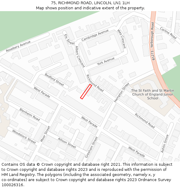 75, RICHMOND ROAD, LINCOLN, LN1 1LH: Location map and indicative extent of plot
