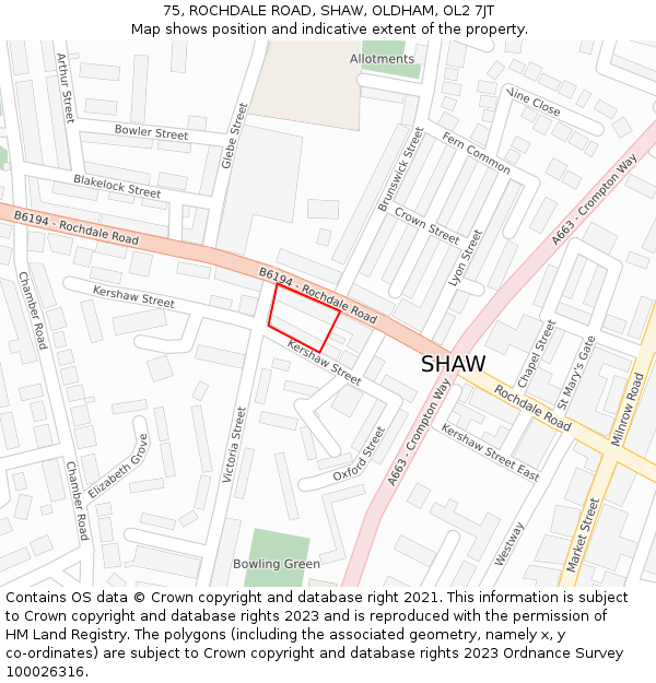 75, ROCHDALE ROAD, SHAW, OLDHAM, OL2 7JT: Location map and indicative extent of plot