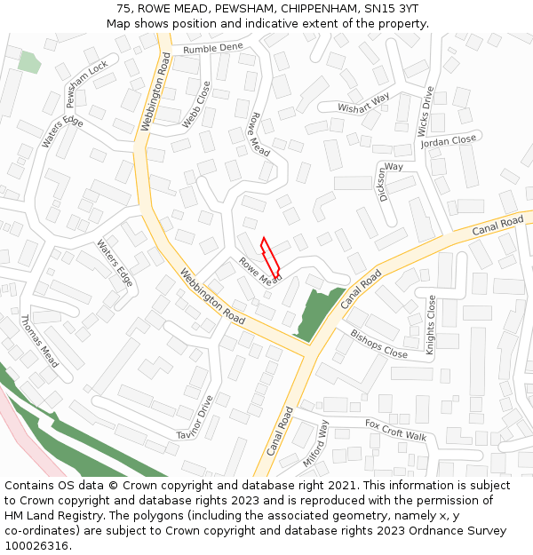 75, ROWE MEAD, PEWSHAM, CHIPPENHAM, SN15 3YT: Location map and indicative extent of plot