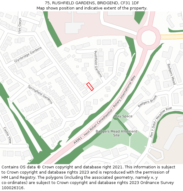 75, RUSHFIELD GARDENS, BRIDGEND, CF31 1DF: Location map and indicative extent of plot