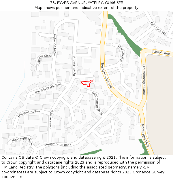 75, RYVES AVENUE, YATELEY, GU46 6FB: Location map and indicative extent of plot