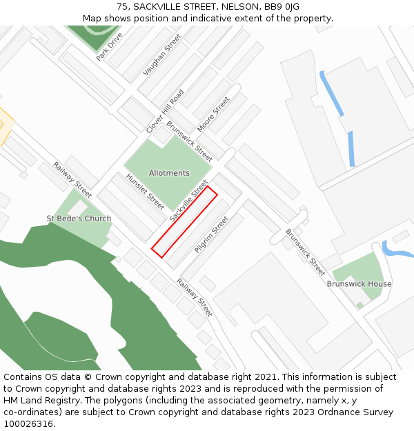 75, SACKVILLE STREET, NELSON, BB9 0JG: Location map and indicative extent of plot