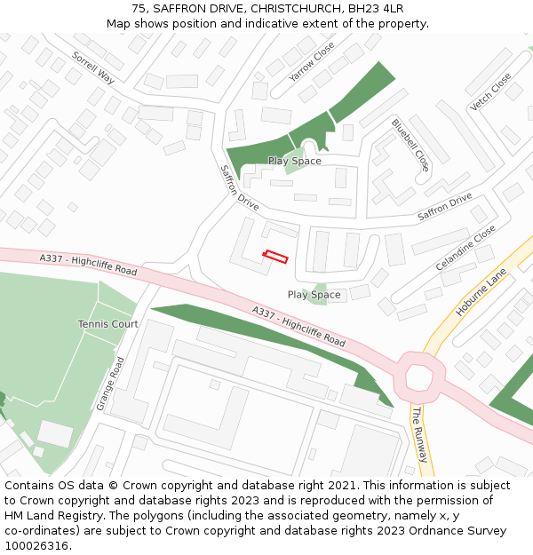 75, SAFFRON DRIVE, CHRISTCHURCH, BH23 4LR: Location map and indicative extent of plot