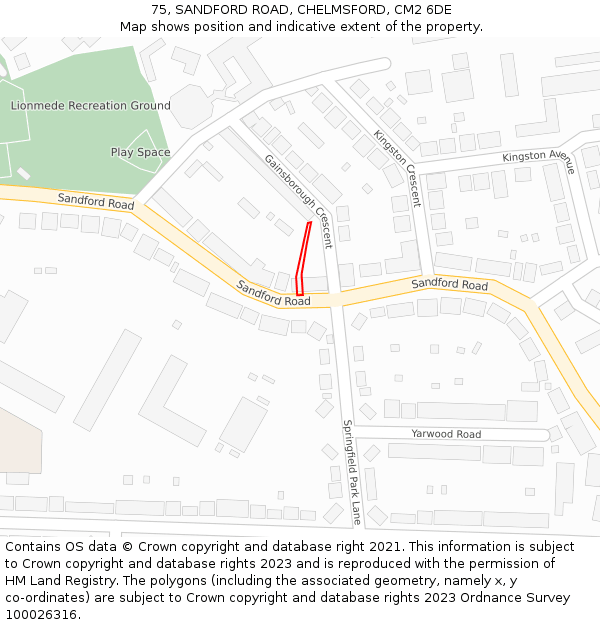 75, SANDFORD ROAD, CHELMSFORD, CM2 6DE: Location map and indicative extent of plot