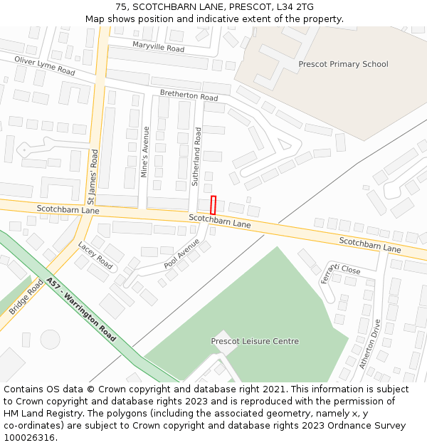 75, SCOTCHBARN LANE, PRESCOT, L34 2TG: Location map and indicative extent of plot