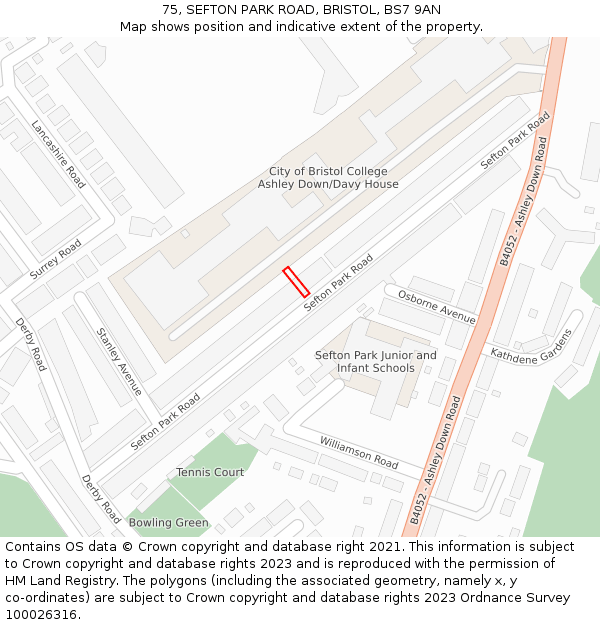 75, SEFTON PARK ROAD, BRISTOL, BS7 9AN: Location map and indicative extent of plot