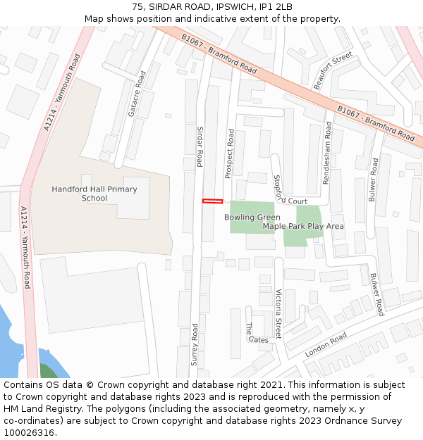 75, SIRDAR ROAD, IPSWICH, IP1 2LB: Location map and indicative extent of plot