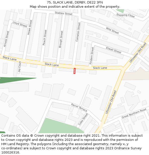 75, SLACK LANE, DERBY, DE22 3FN: Location map and indicative extent of plot