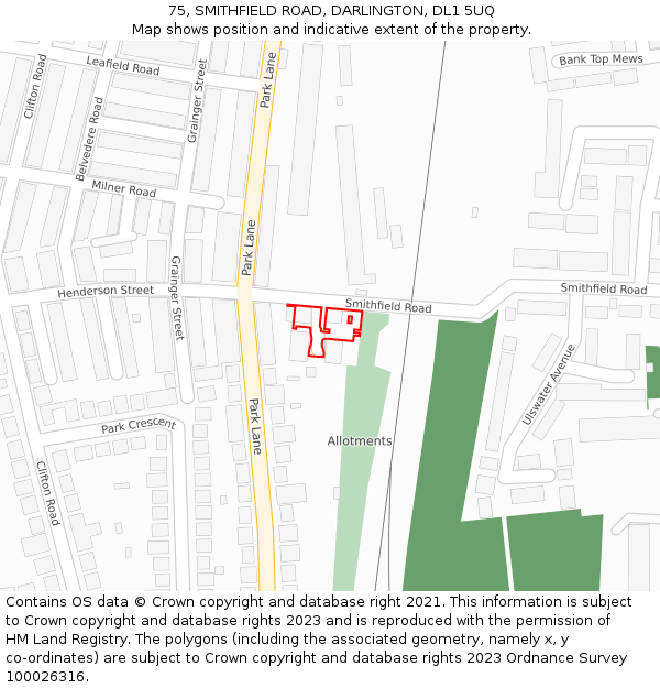 75, SMITHFIELD ROAD, DARLINGTON, DL1 5UQ: Location map and indicative extent of plot