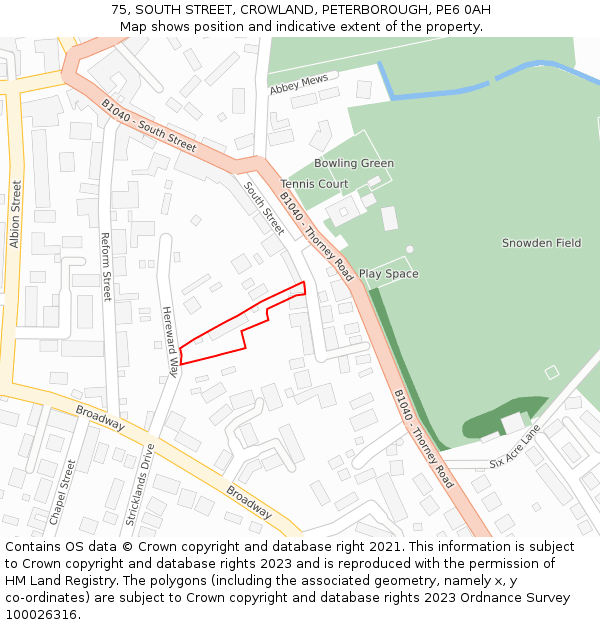 75, SOUTH STREET, CROWLAND, PETERBOROUGH, PE6 0AH: Location map and indicative extent of plot