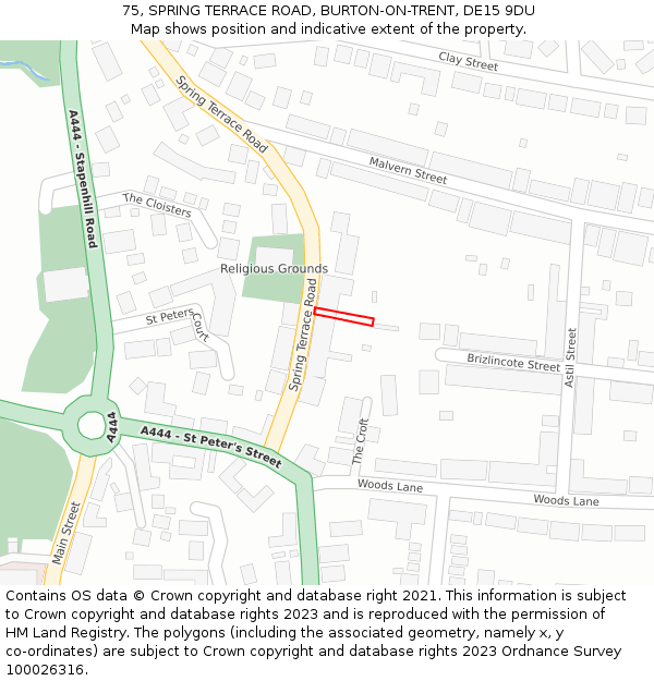 75, SPRING TERRACE ROAD, BURTON-ON-TRENT, DE15 9DU: Location map and indicative extent of plot