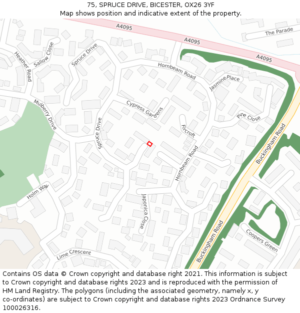 75, SPRUCE DRIVE, BICESTER, OX26 3YF: Location map and indicative extent of plot