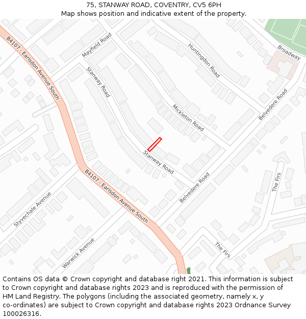 75, STANWAY ROAD, COVENTRY, CV5 6PH: Location map and indicative extent of plot