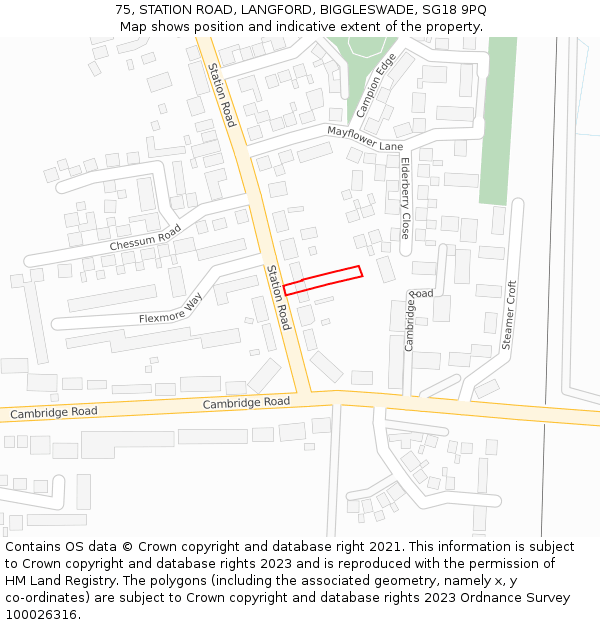 75, STATION ROAD, LANGFORD, BIGGLESWADE, SG18 9PQ: Location map and indicative extent of plot