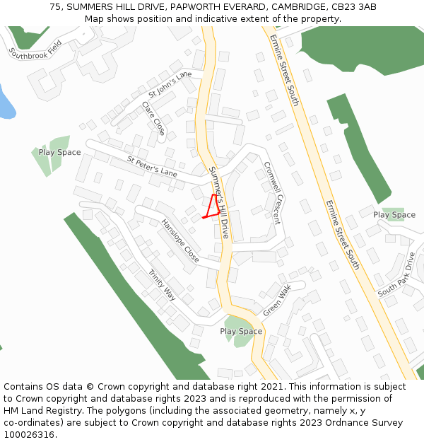 75, SUMMERS HILL DRIVE, PAPWORTH EVERARD, CAMBRIDGE, CB23 3AB: Location map and indicative extent of plot