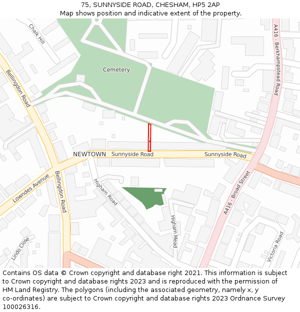 75, SUNNYSIDE ROAD, CHESHAM, HP5 2AP: Location map and indicative extent of plot