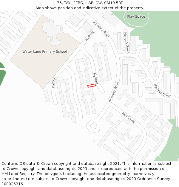 75, TAYLIFERS, HARLOW, CM19 5RF: Location map and indicative extent of plot