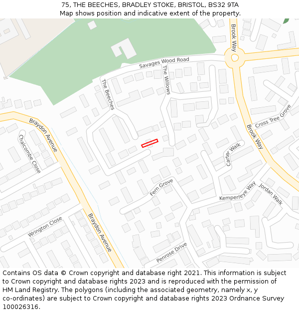 75, THE BEECHES, BRADLEY STOKE, BRISTOL, BS32 9TA: Location map and indicative extent of plot