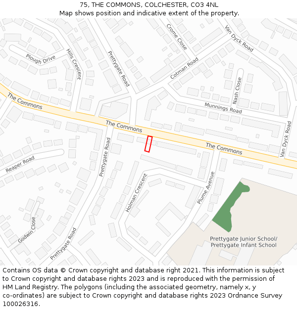 75, THE COMMONS, COLCHESTER, CO3 4NL: Location map and indicative extent of plot