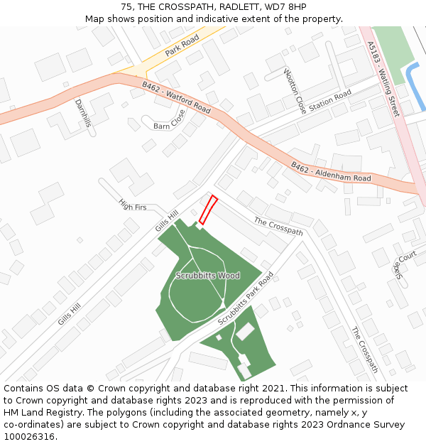 75, THE CROSSPATH, RADLETT, WD7 8HP: Location map and indicative extent of plot