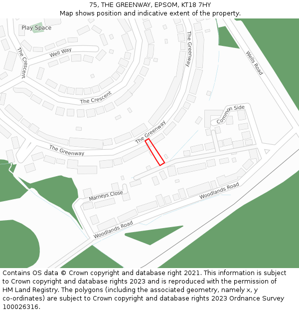 75, THE GREENWAY, EPSOM, KT18 7HY: Location map and indicative extent of plot