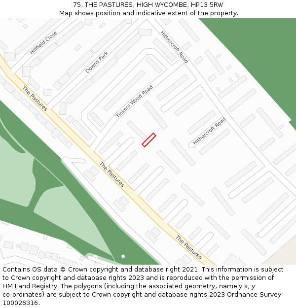 75, THE PASTURES, HIGH WYCOMBE, HP13 5RW: Location map and indicative extent of plot