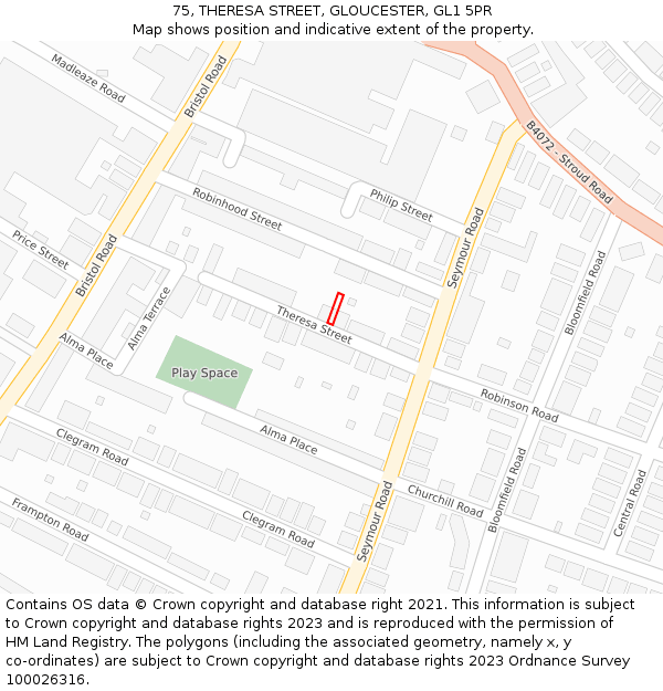 75, THERESA STREET, GLOUCESTER, GL1 5PR: Location map and indicative extent of plot