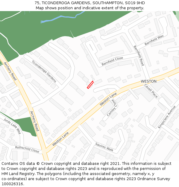 75, TICONDEROGA GARDENS, SOUTHAMPTON, SO19 9HD: Location map and indicative extent of plot