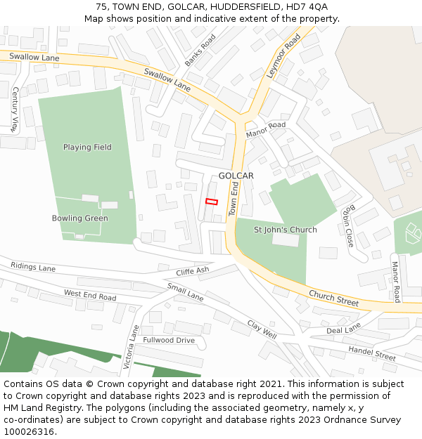 75, TOWN END, GOLCAR, HUDDERSFIELD, HD7 4QA: Location map and indicative extent of plot