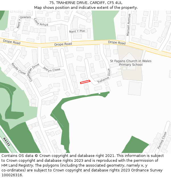 75, TRAHERNE DRIVE, CARDIFF, CF5 4UL: Location map and indicative extent of plot