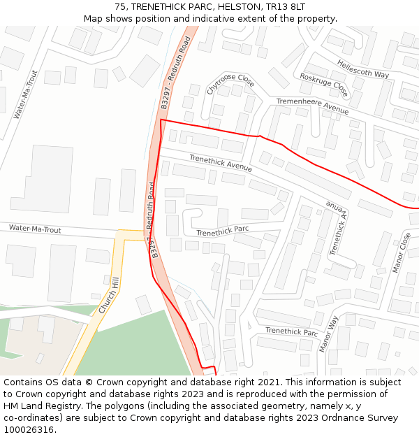 75, TRENETHICK PARC, HELSTON, TR13 8LT: Location map and indicative extent of plot