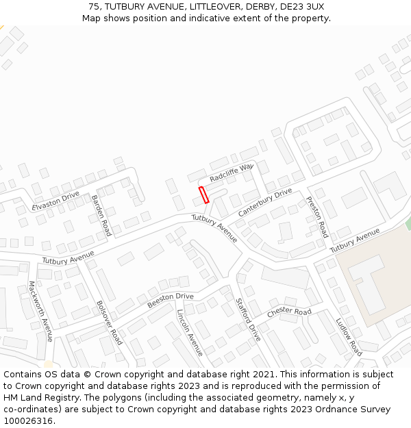 75, TUTBURY AVENUE, LITTLEOVER, DERBY, DE23 3UX: Location map and indicative extent of plot