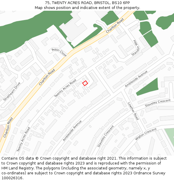 75, TWENTY ACRES ROAD, BRISTOL, BS10 6PP: Location map and indicative extent of plot
