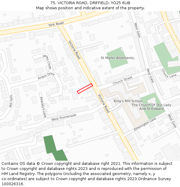 75, VICTORIA ROAD, DRIFFIELD, YO25 6UB: Location map and indicative extent of plot