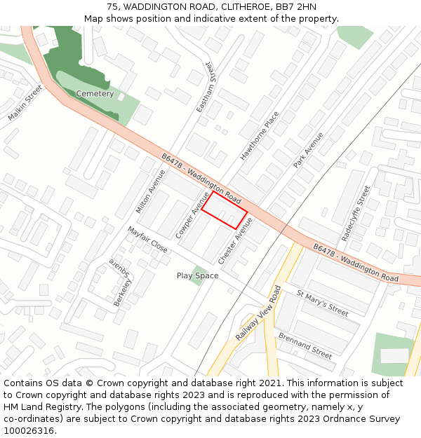 75, WADDINGTON ROAD, CLITHEROE, BB7 2HN: Location map and indicative extent of plot