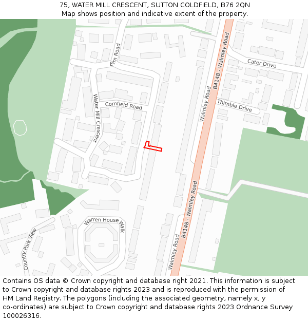 75, WATER MILL CRESCENT, SUTTON COLDFIELD, B76 2QN: Location map and indicative extent of plot