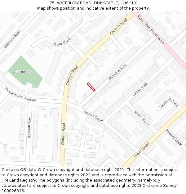 75, WATERLOW ROAD, DUNSTABLE, LU6 1LX: Location map and indicative extent of plot