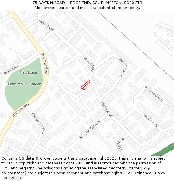 75, WATKIN ROAD, HEDGE END, SOUTHAMPTON, SO30 2TB: Location map and indicative extent of plot