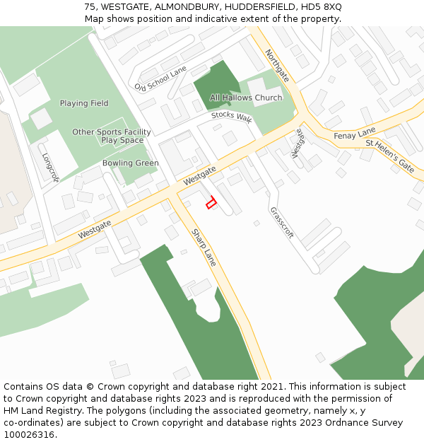 75, WESTGATE, ALMONDBURY, HUDDERSFIELD, HD5 8XQ: Location map and indicative extent of plot