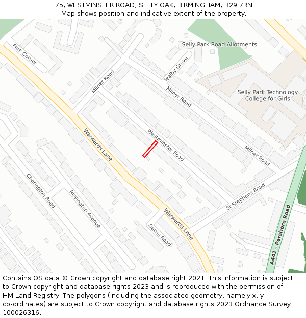 75, WESTMINSTER ROAD, SELLY OAK, BIRMINGHAM, B29 7RN: Location map and indicative extent of plot