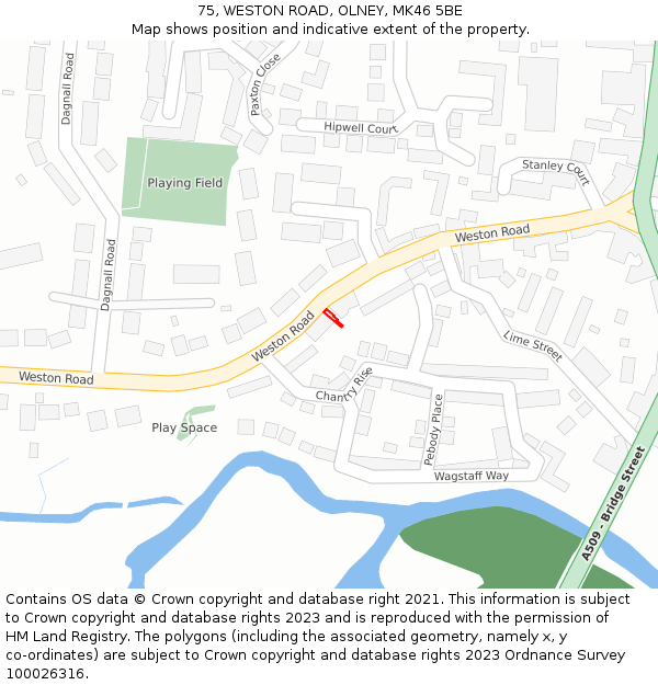 75, WESTON ROAD, OLNEY, MK46 5BE: Location map and indicative extent of plot