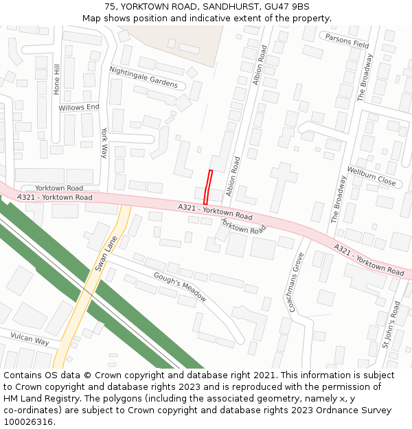 75, YORKTOWN ROAD, SANDHURST, GU47 9BS: Location map and indicative extent of plot