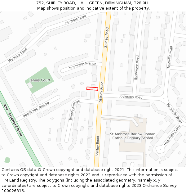 752, SHIRLEY ROAD, HALL GREEN, BIRMINGHAM, B28 9LH: Location map and indicative extent of plot