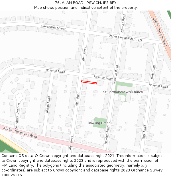 76, ALAN ROAD, IPSWICH, IP3 8EY: Location map and indicative extent of plot