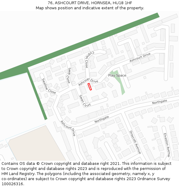 76, ASHCOURT DRIVE, HORNSEA, HU18 1HF: Location map and indicative extent of plot